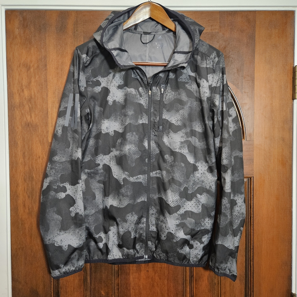 Adidas Running Windbreaker Jacket | Grey Camo Hooded | Men’s Small